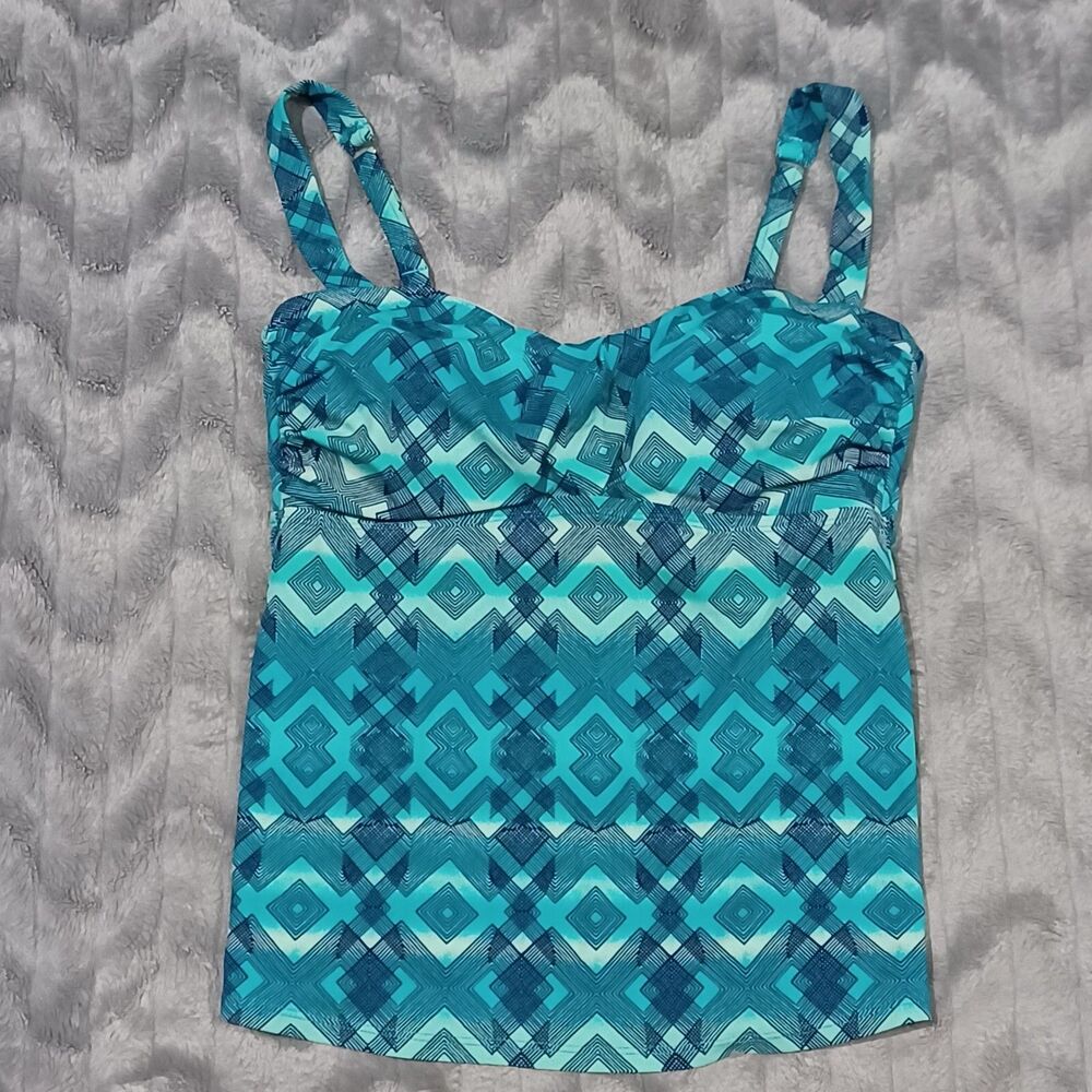 Jantzen Womens Size 8 Blue Green Diamond Padded Tankini Swim Top